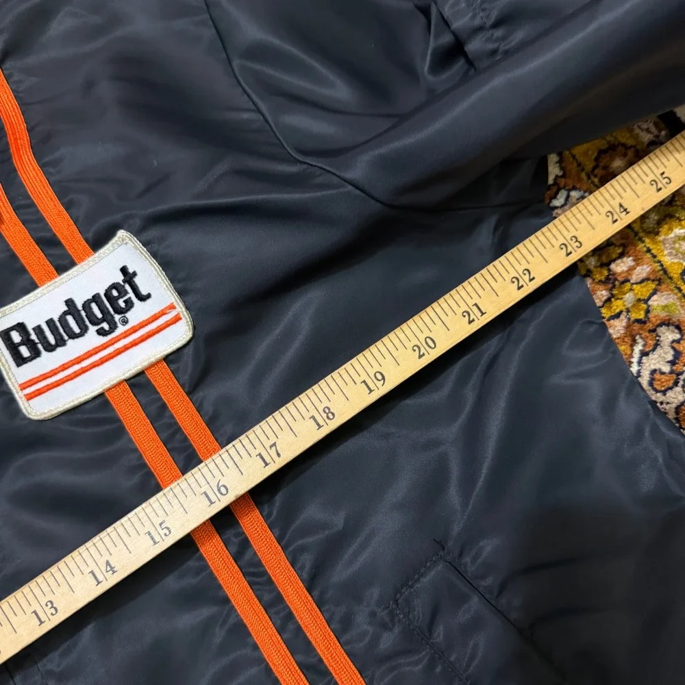 Vintage 80s Budget Rent a Car Jacket Large Modern Headwear Ltd Navy Blue Zip Up
